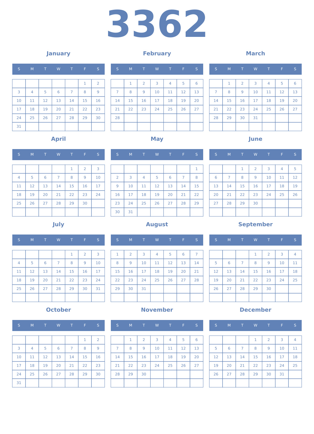 Printable 3362 Year Calendars glaucous