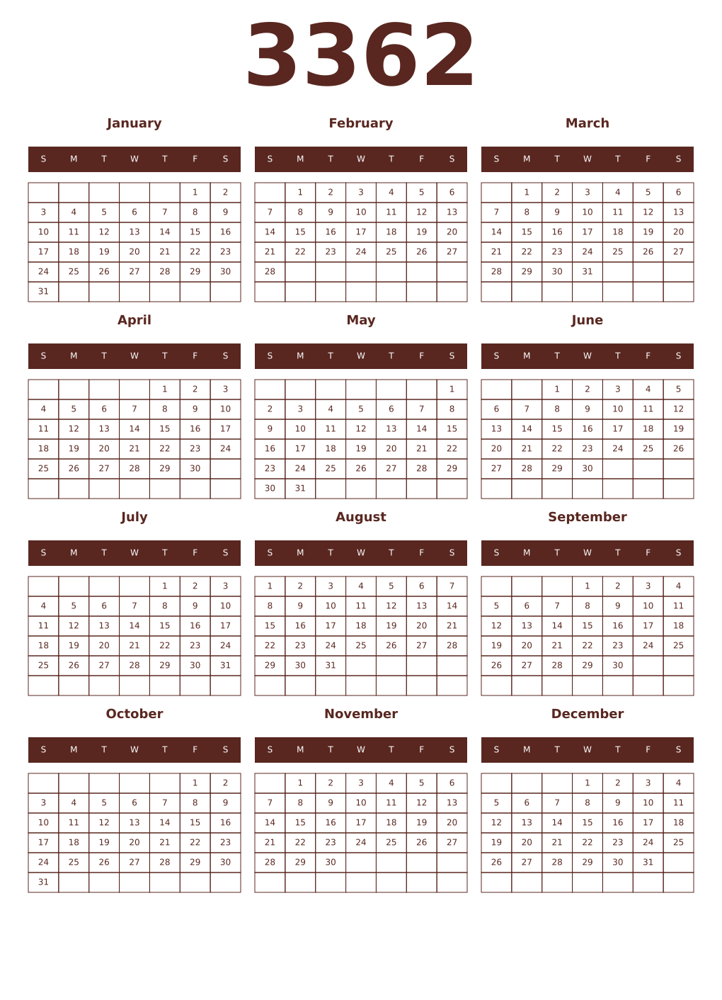 Printable 3362 Year Calendars mortuum
