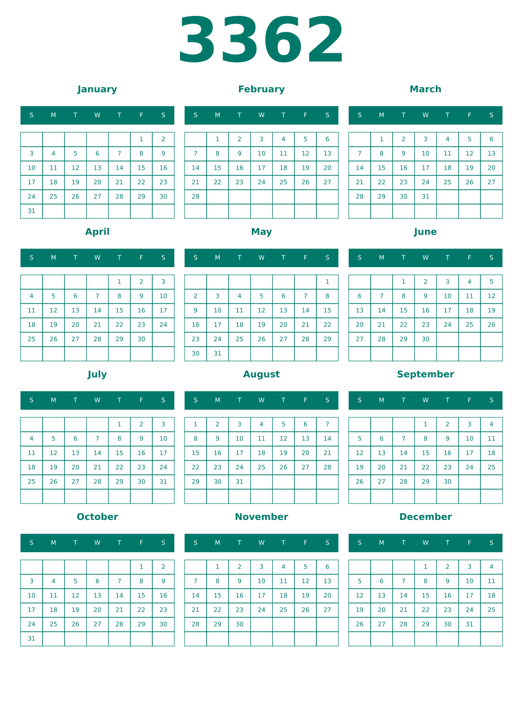 Printable 3362 Year Calendars pastel