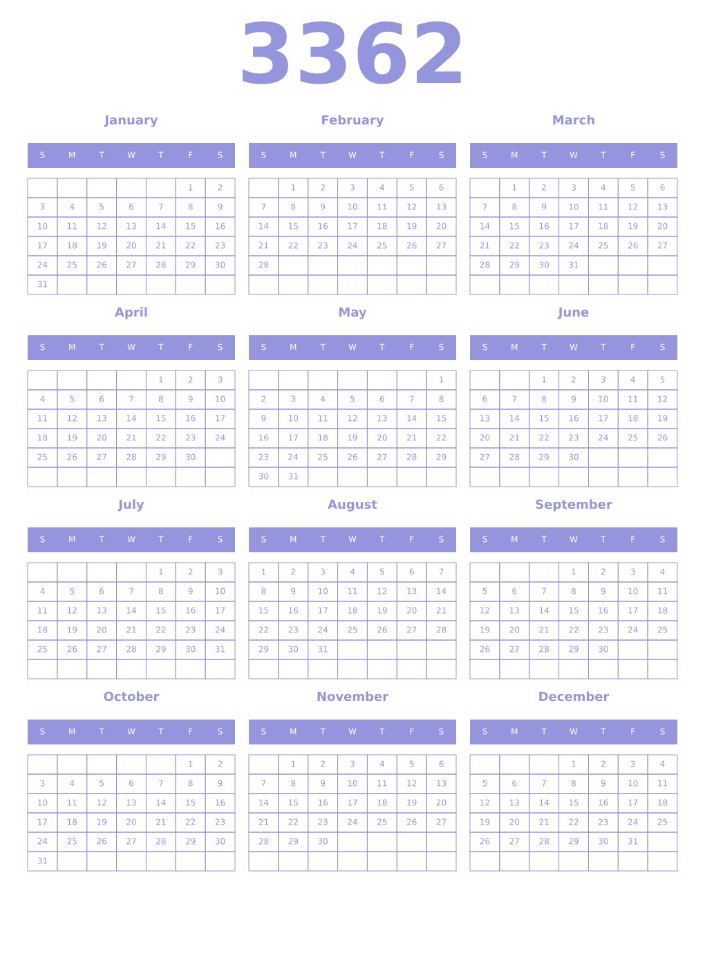 Printable 3362 Year Calendars periwinkle