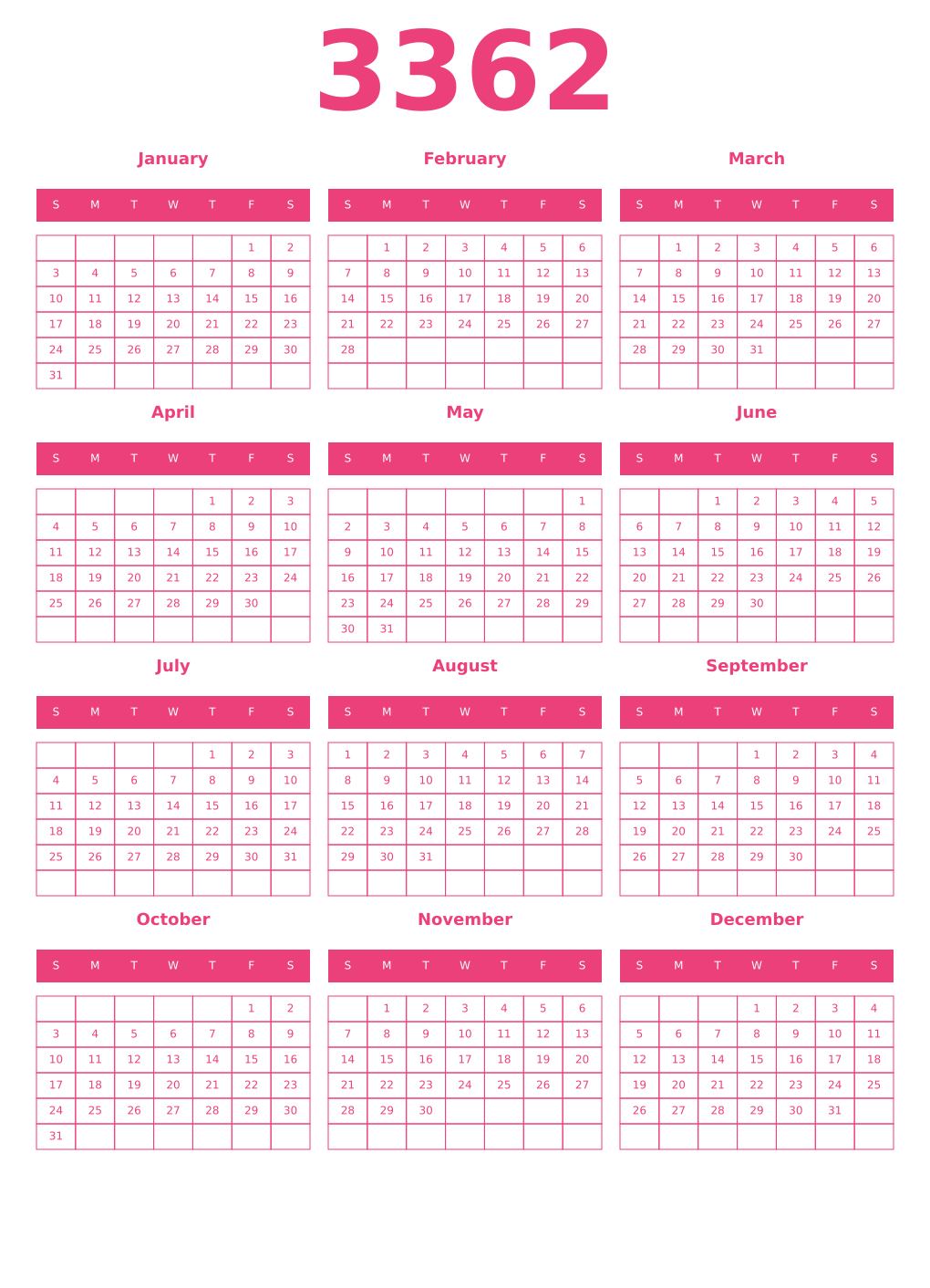 Printable 3362 Year Calendars pink
