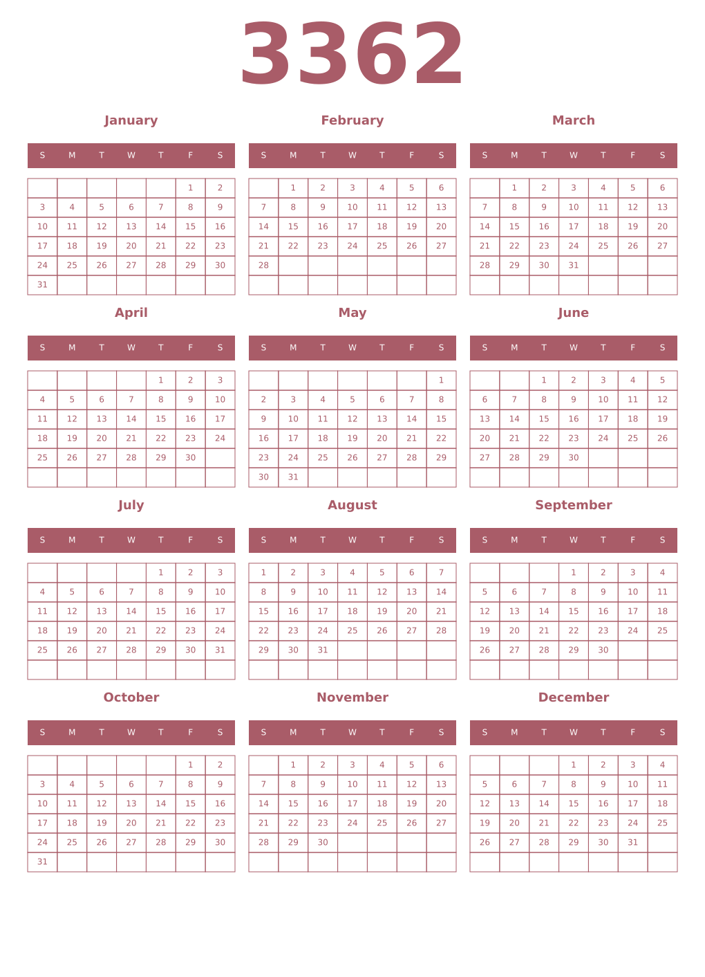 Printable 3362 Year Calendars puce