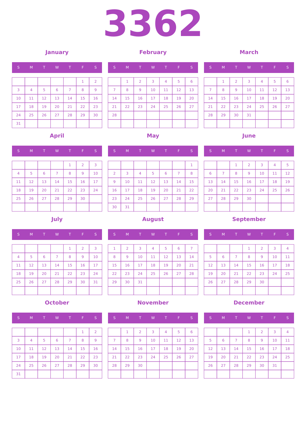 Printable 3362 Year Calendars purple