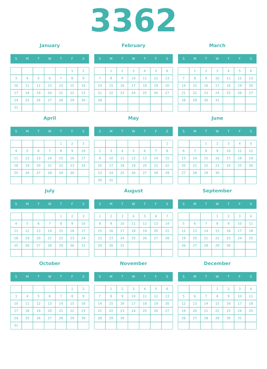 Printable 3362 Year Calendars verdigris