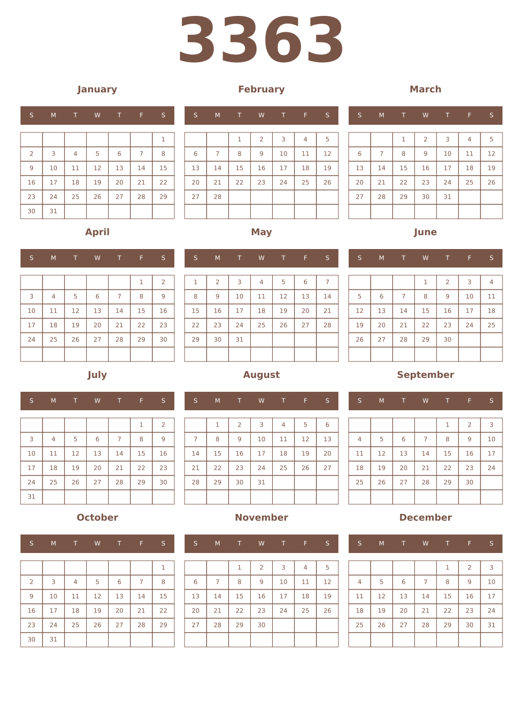 Printable 3363 Year Calendars coffe