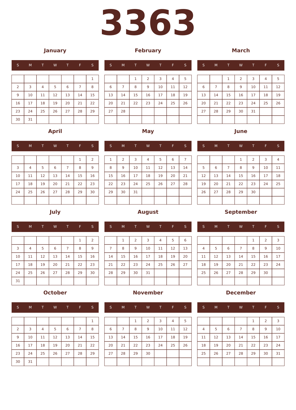 Printable 3363 Year Calendars mortuum