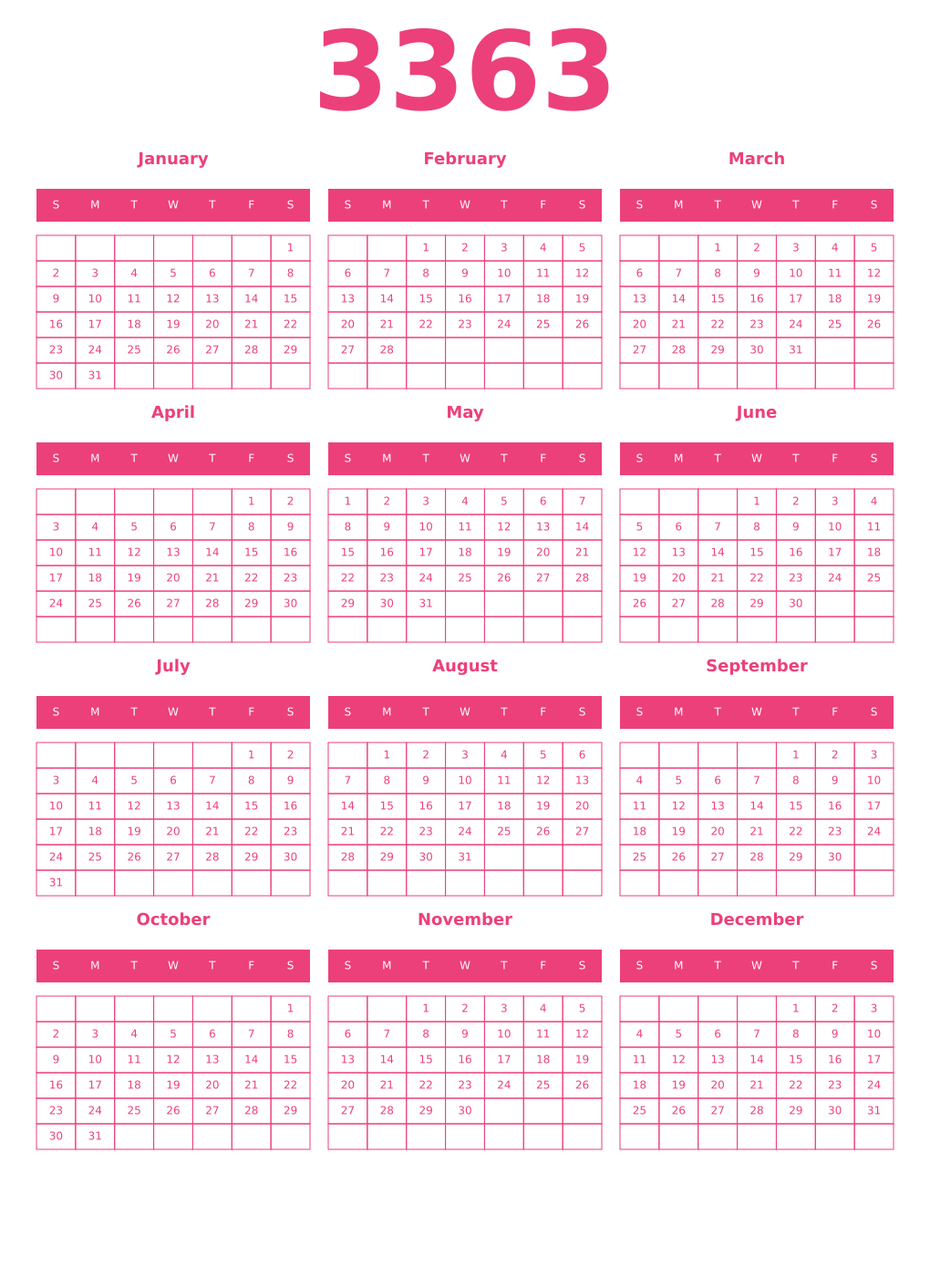 Printable 3363 Year Calendars pink