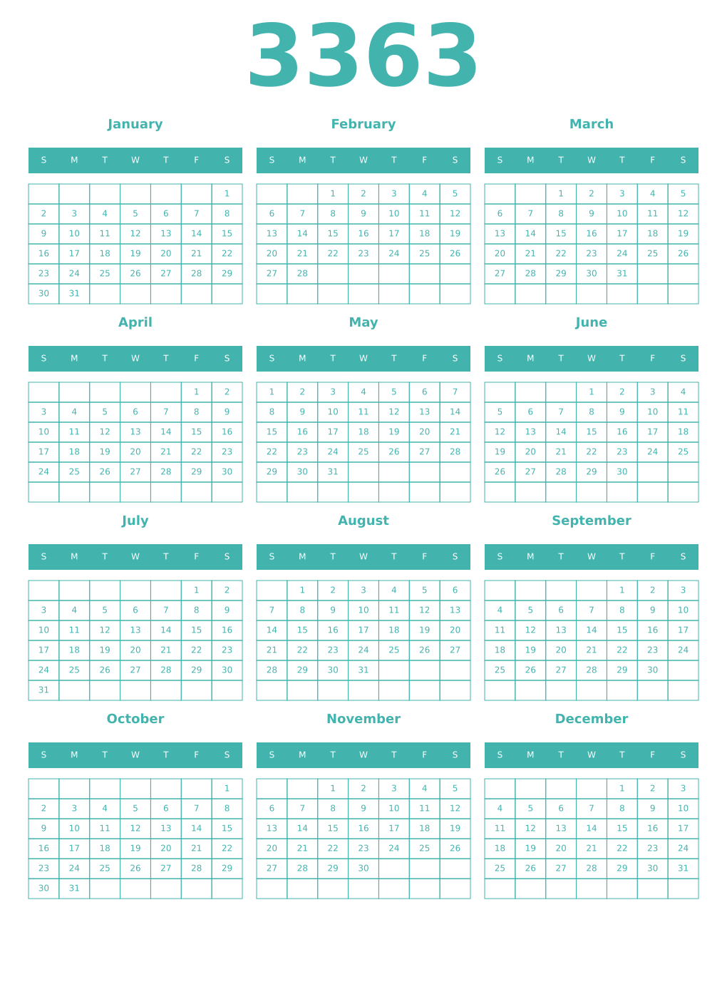 Printable 3363 Year Calendars verdigris