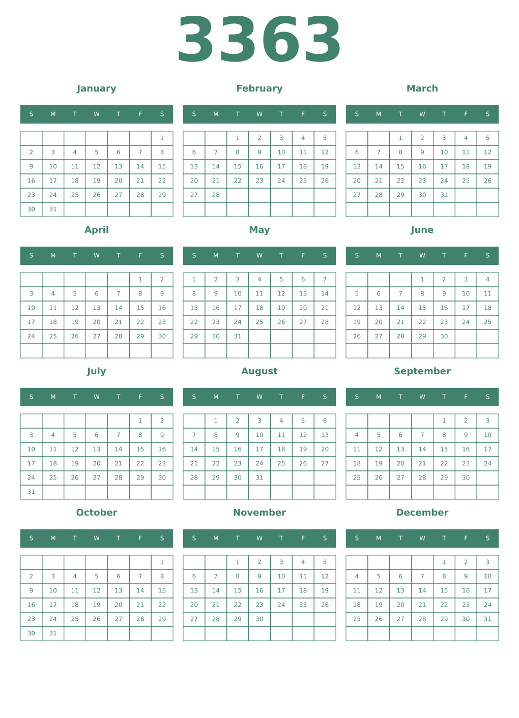 Printable 3363 Year Calendars viridian