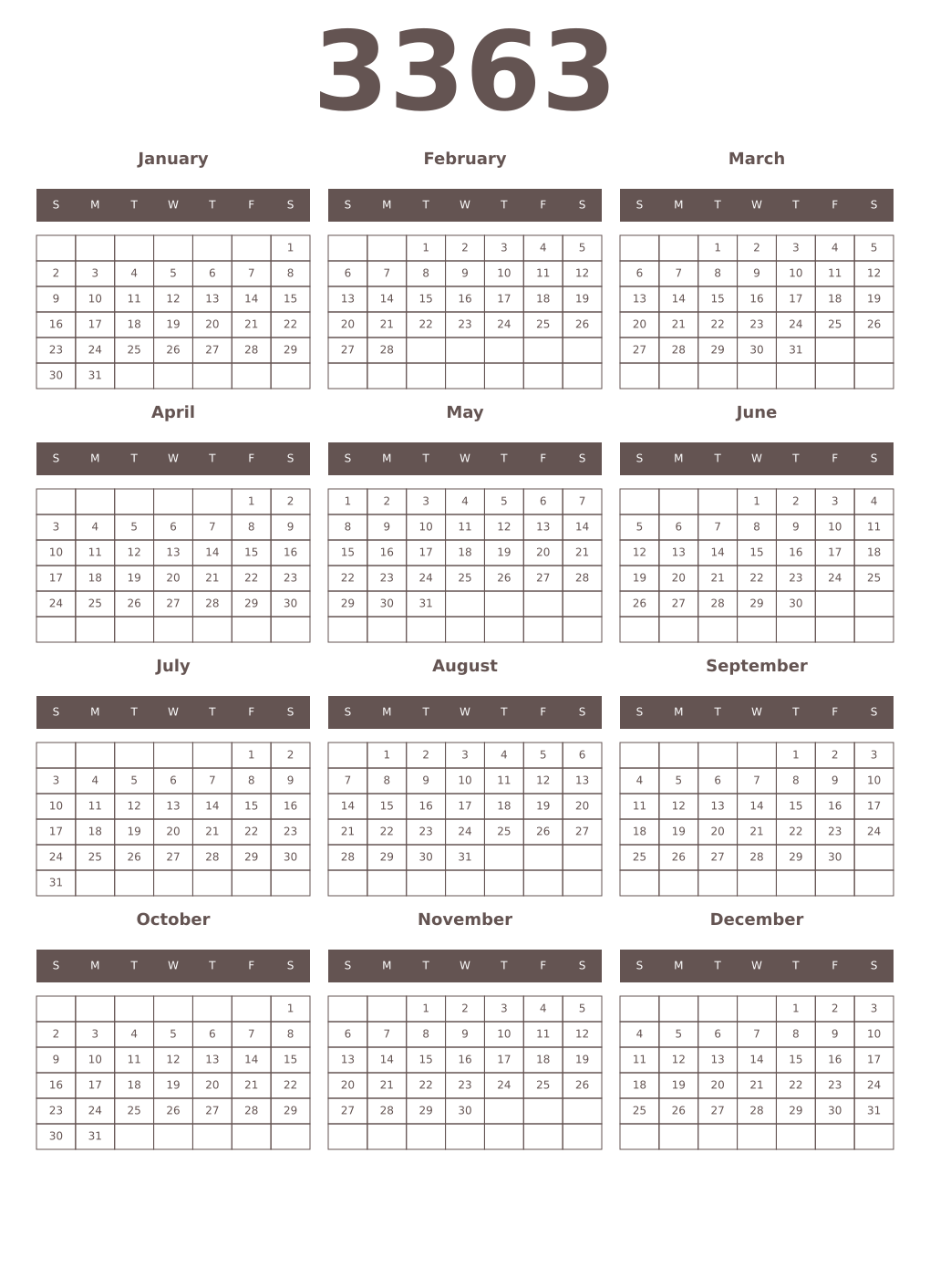 Printable 3363 Year Calendars wenge