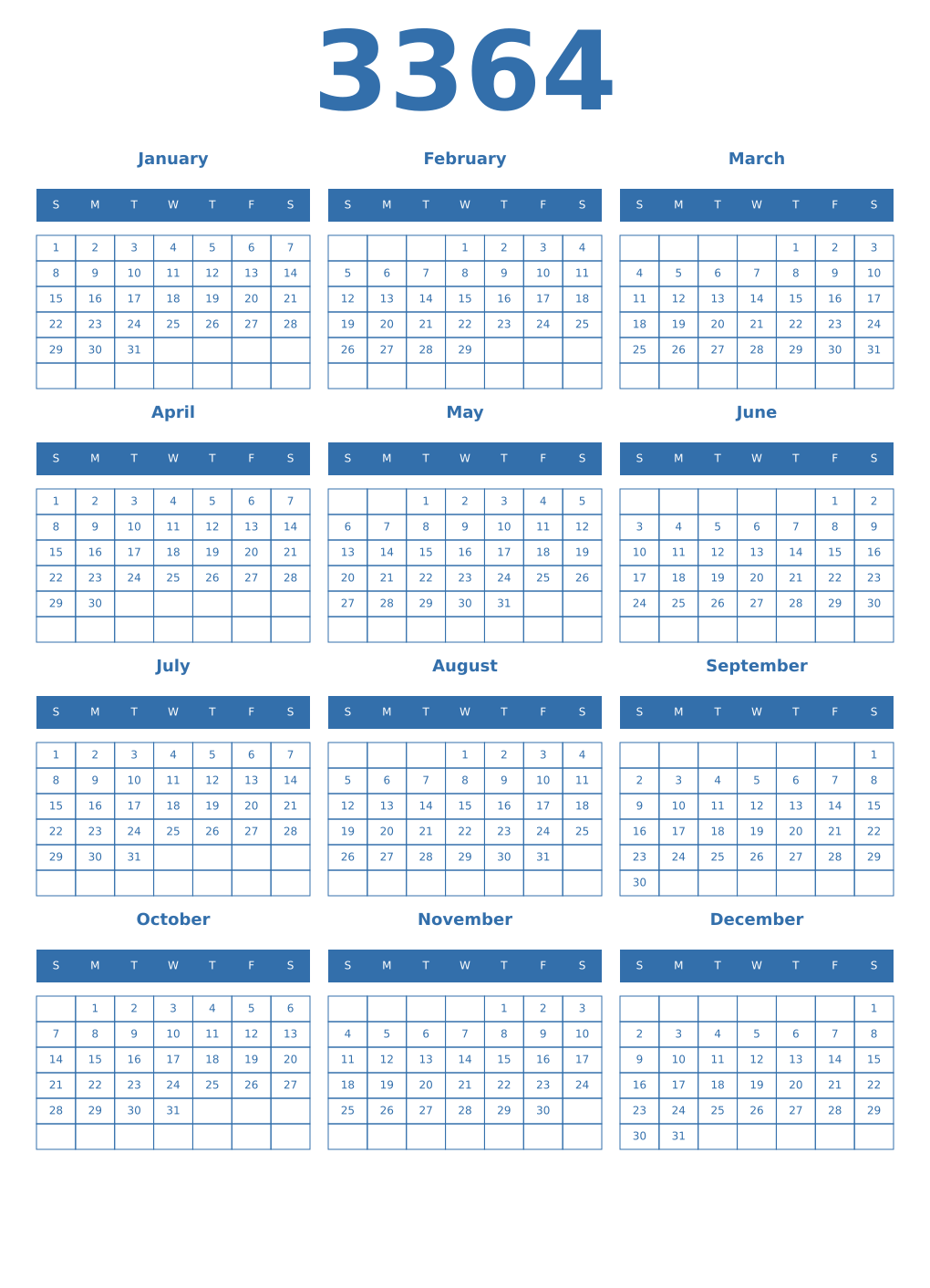 Printable 3364 Year Calendars blue