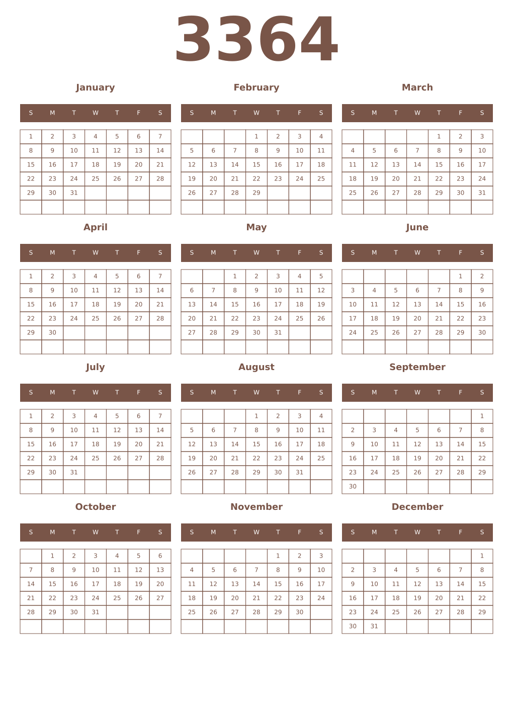 Printable 3364 Year Calendars coffe