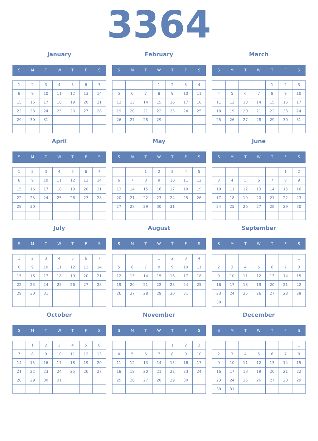 Printable 3364 Year Calendars glaucous