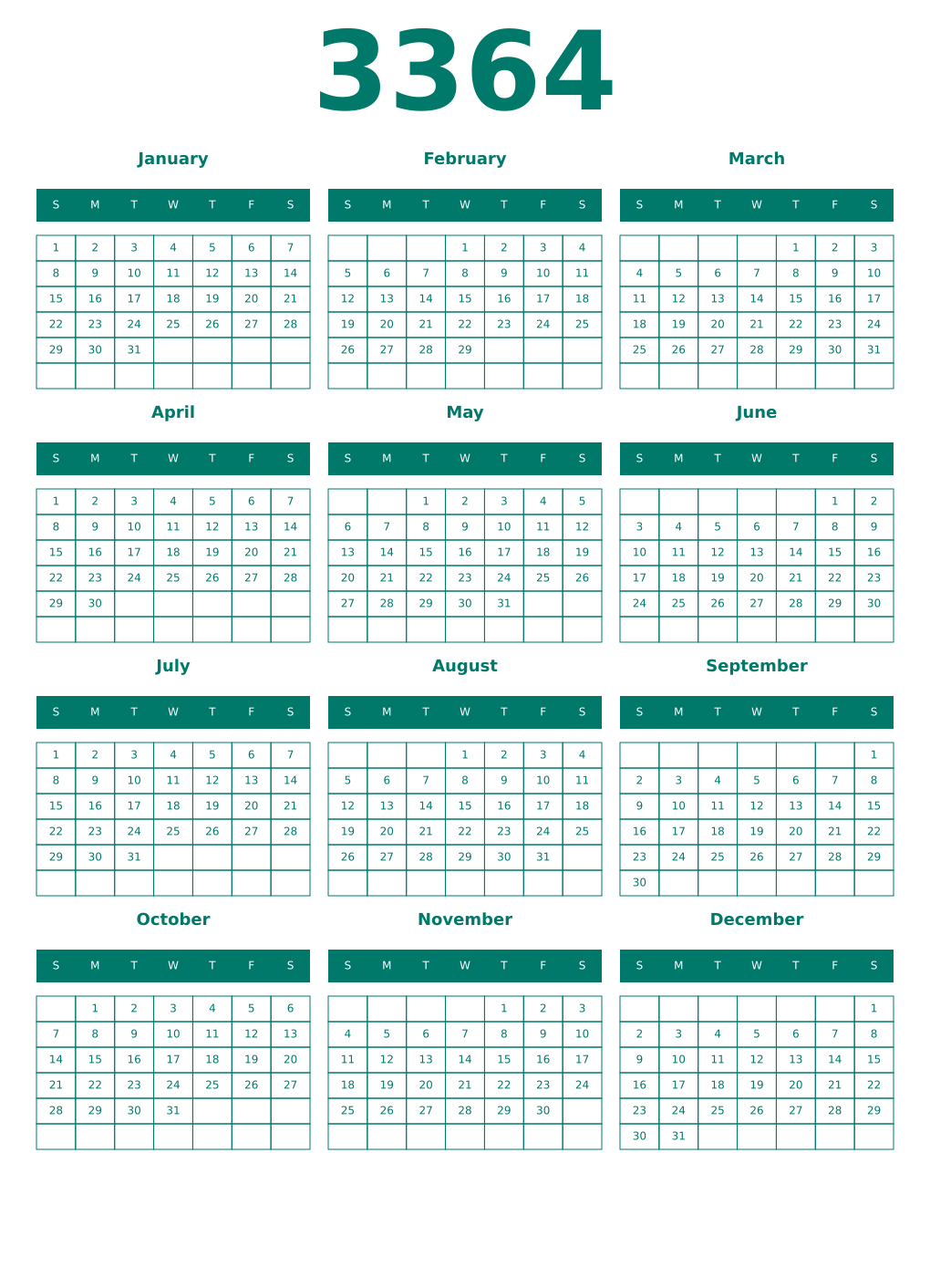 Printable 3364 Year Calendars pastel