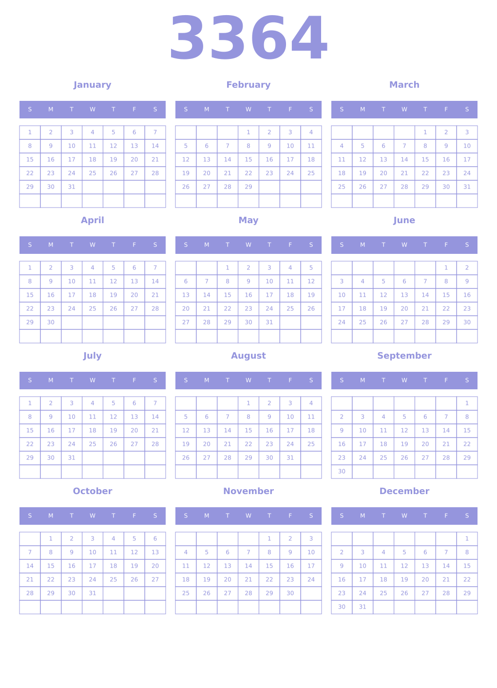 Printable 3364 Year Calendars periwinkle