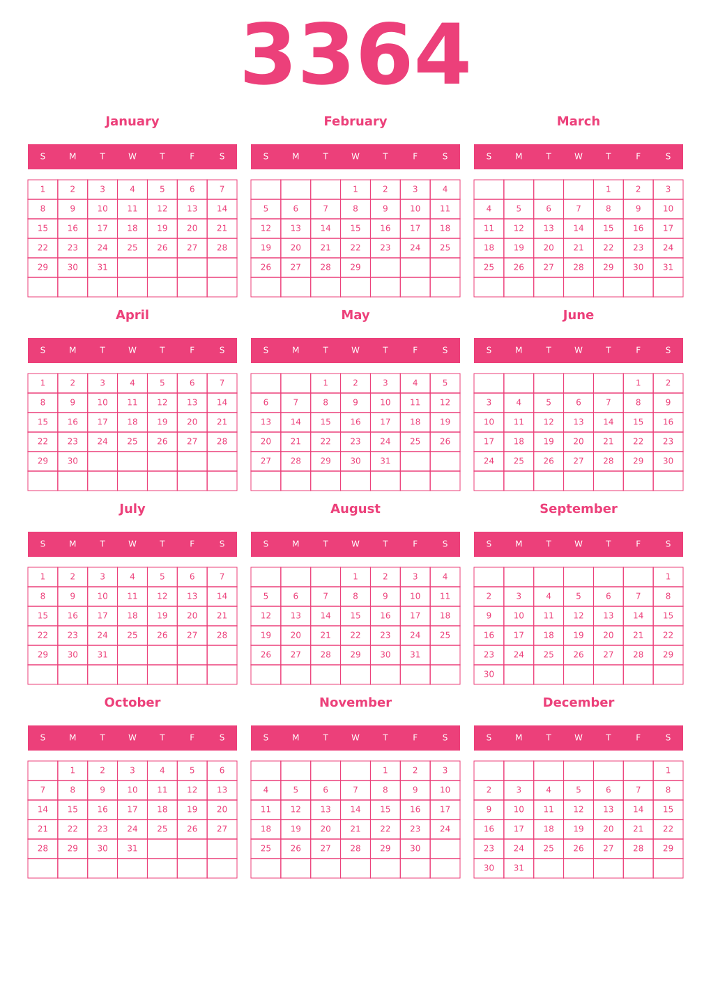 Printable 3364 Year Calendars pink