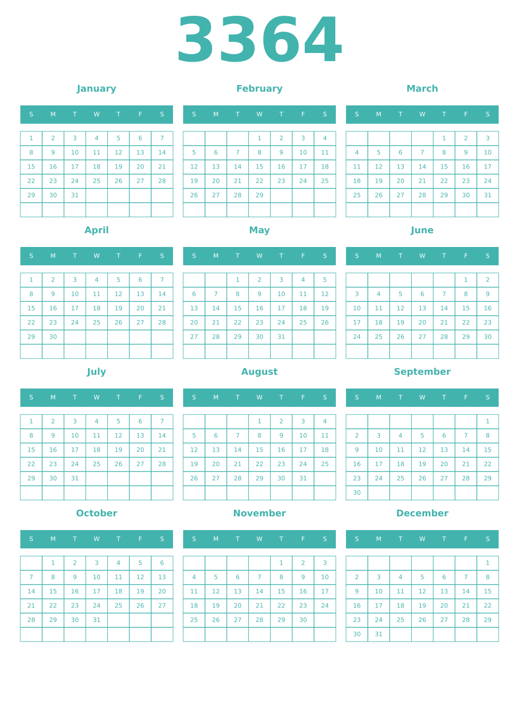Printable 3364 Year Calendars verdigris