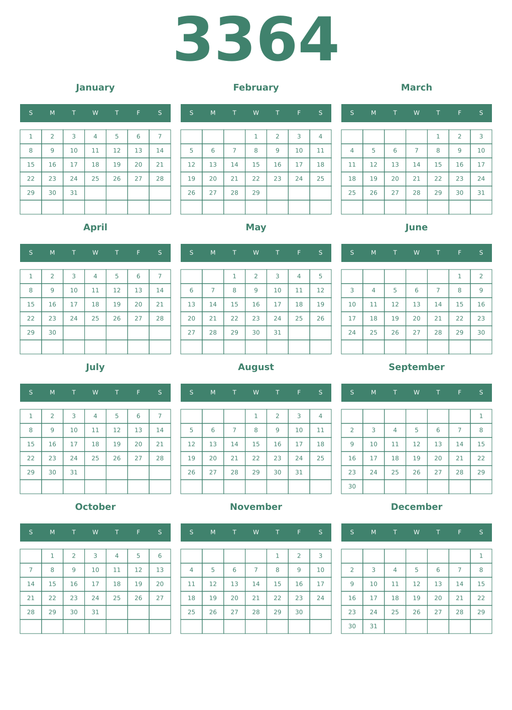 Printable 3364 Year Calendars viridian
