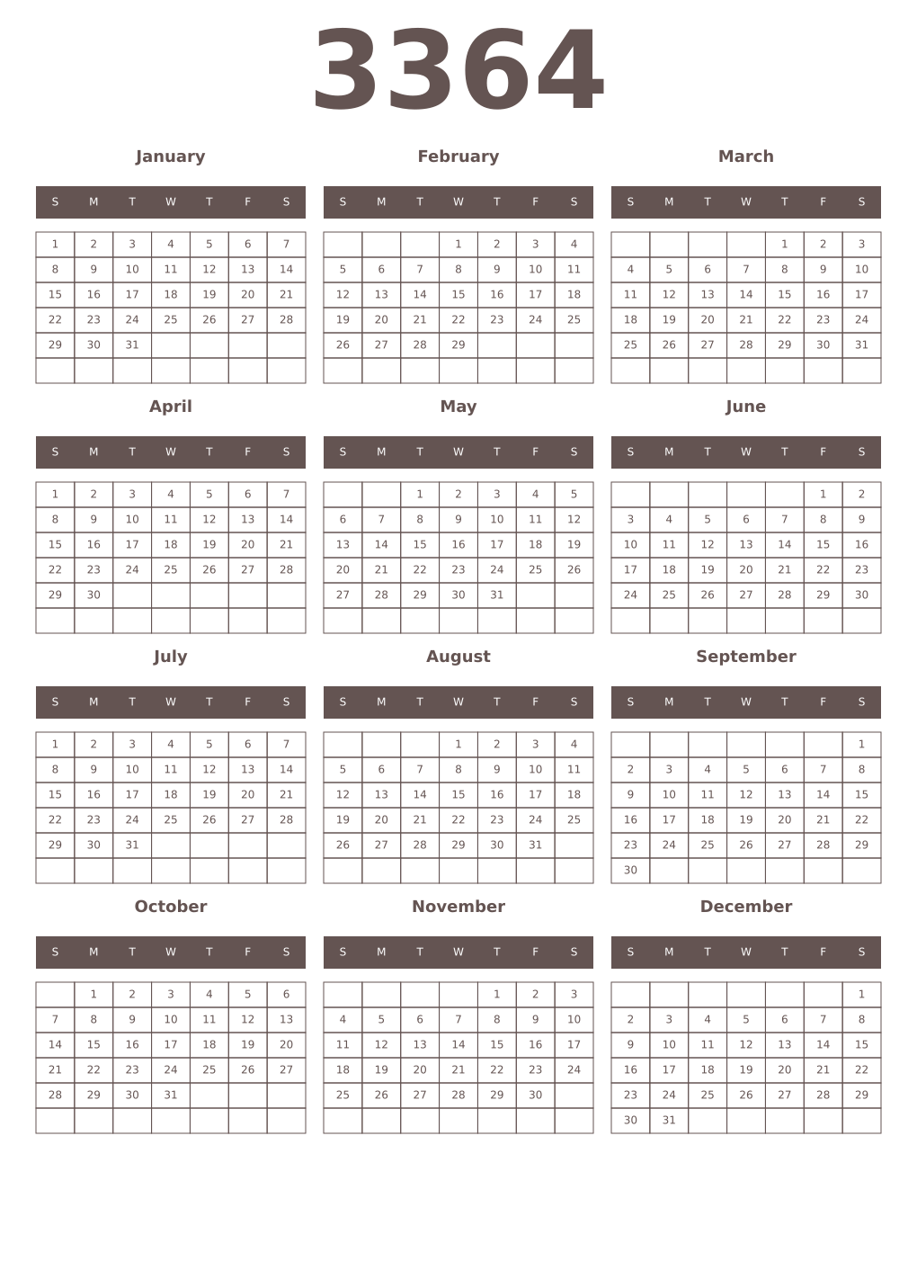 Printable 3364 Year Calendars wenge