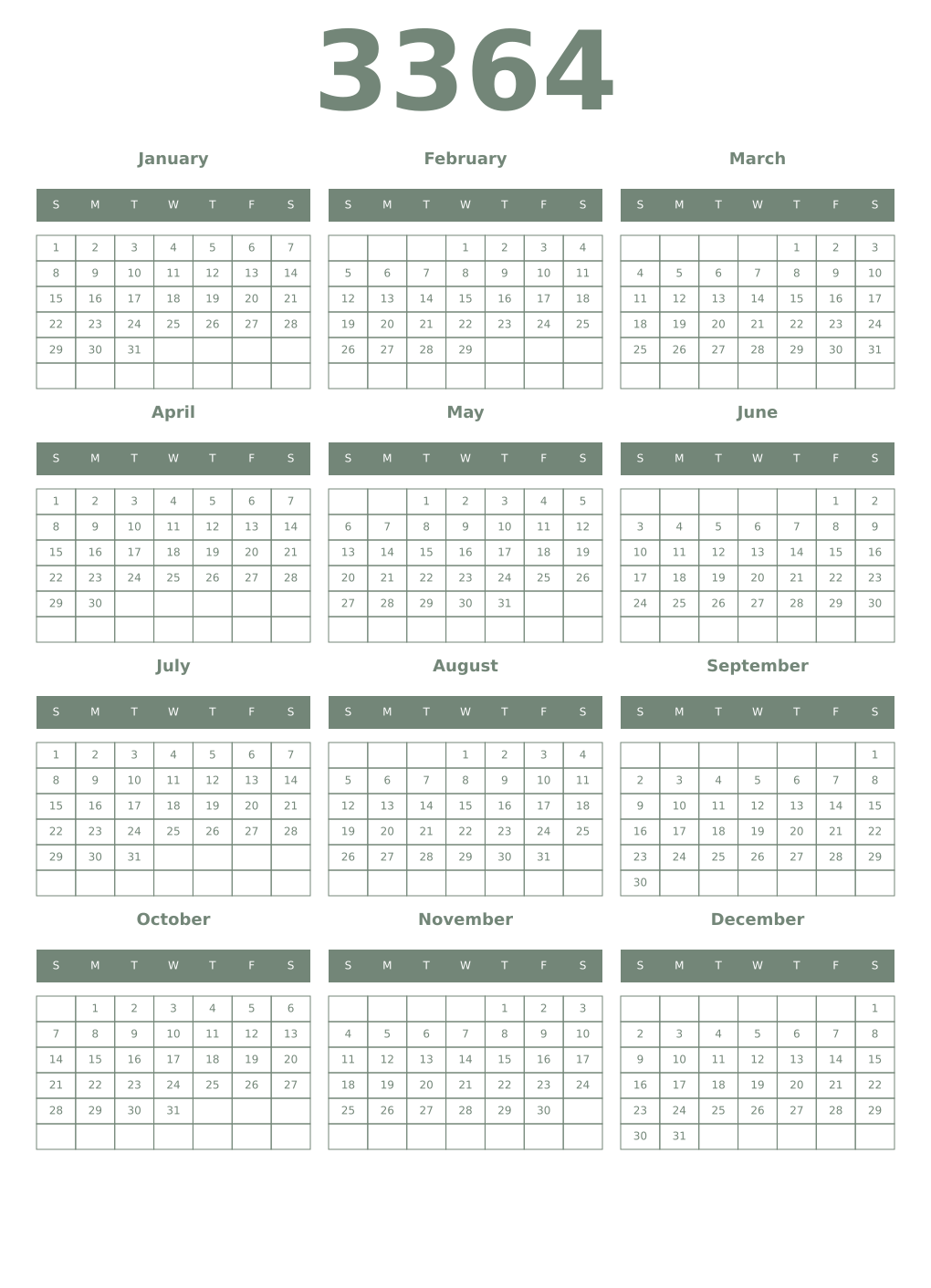 Printable 3364 Year Calendars xanadu