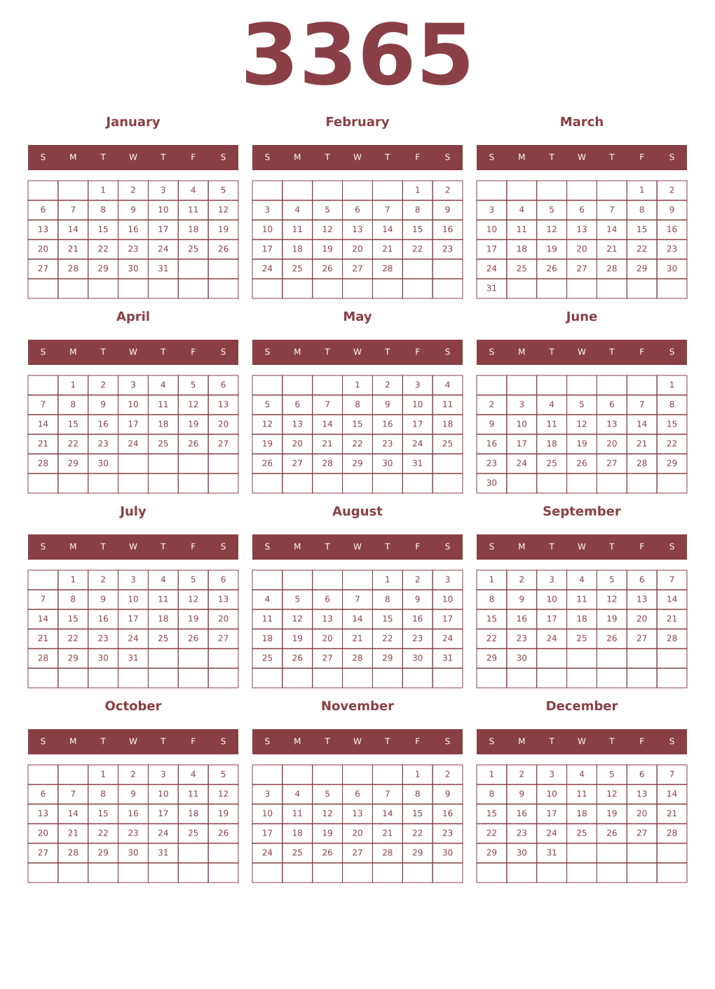 Printable 3365 Year Calendars cordovan