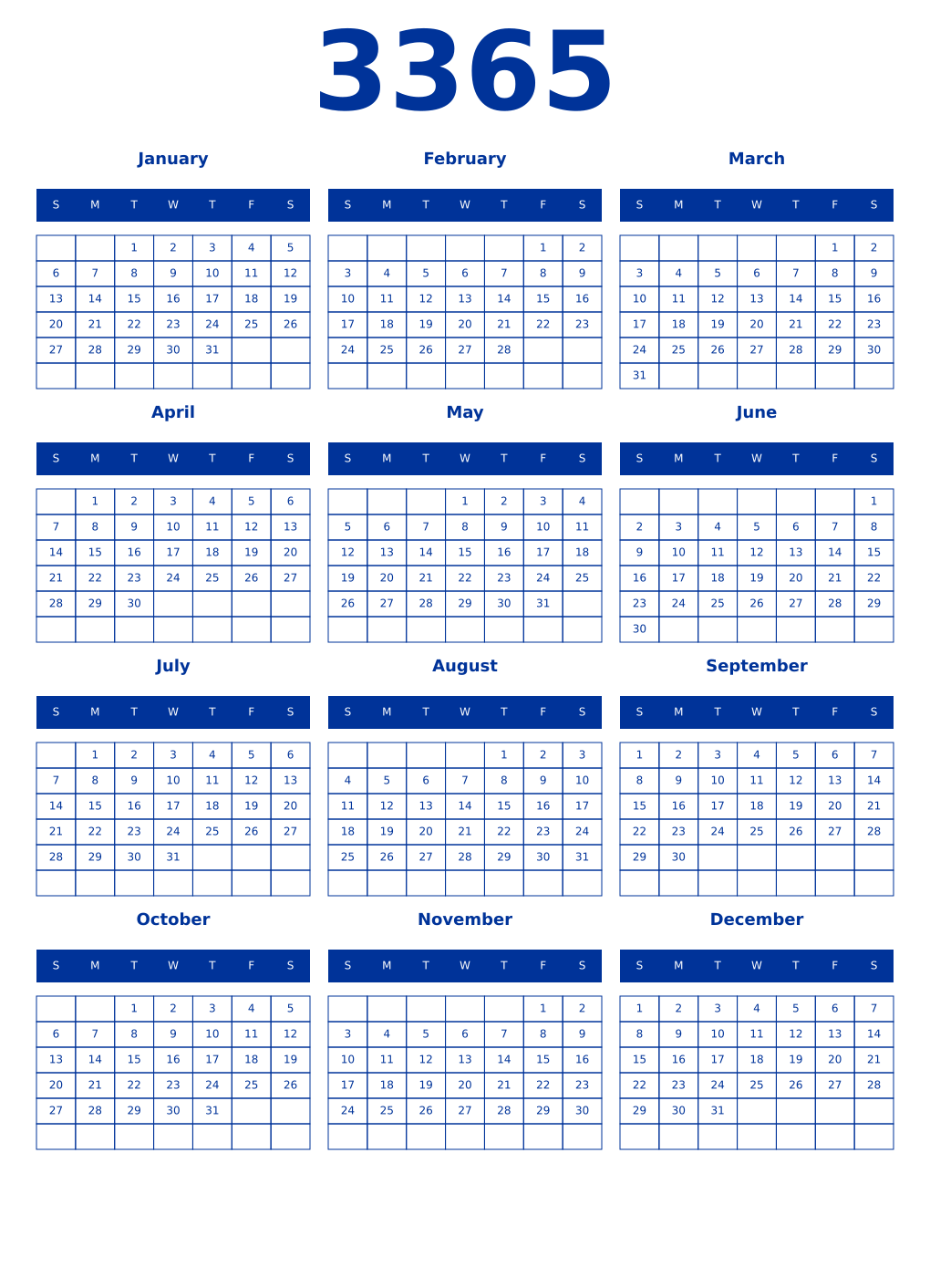Printable 3365 Year Calendars smalt