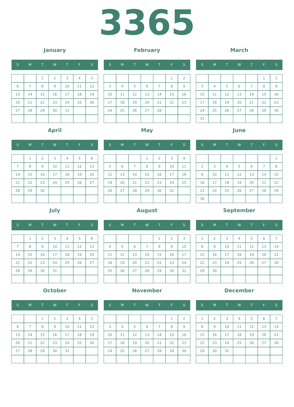 Printable 3365 Year Calendars viridian