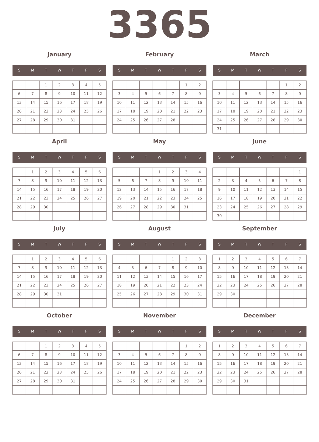 Printable 3365 Year Calendars wenge