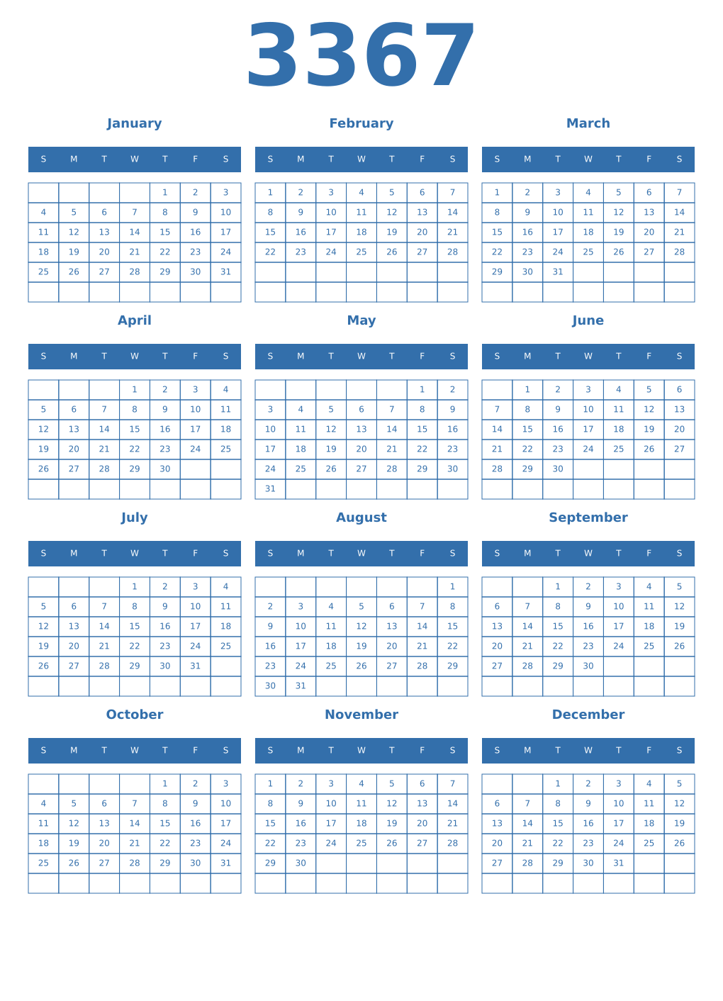 Printable 3367 Year Calendars blue