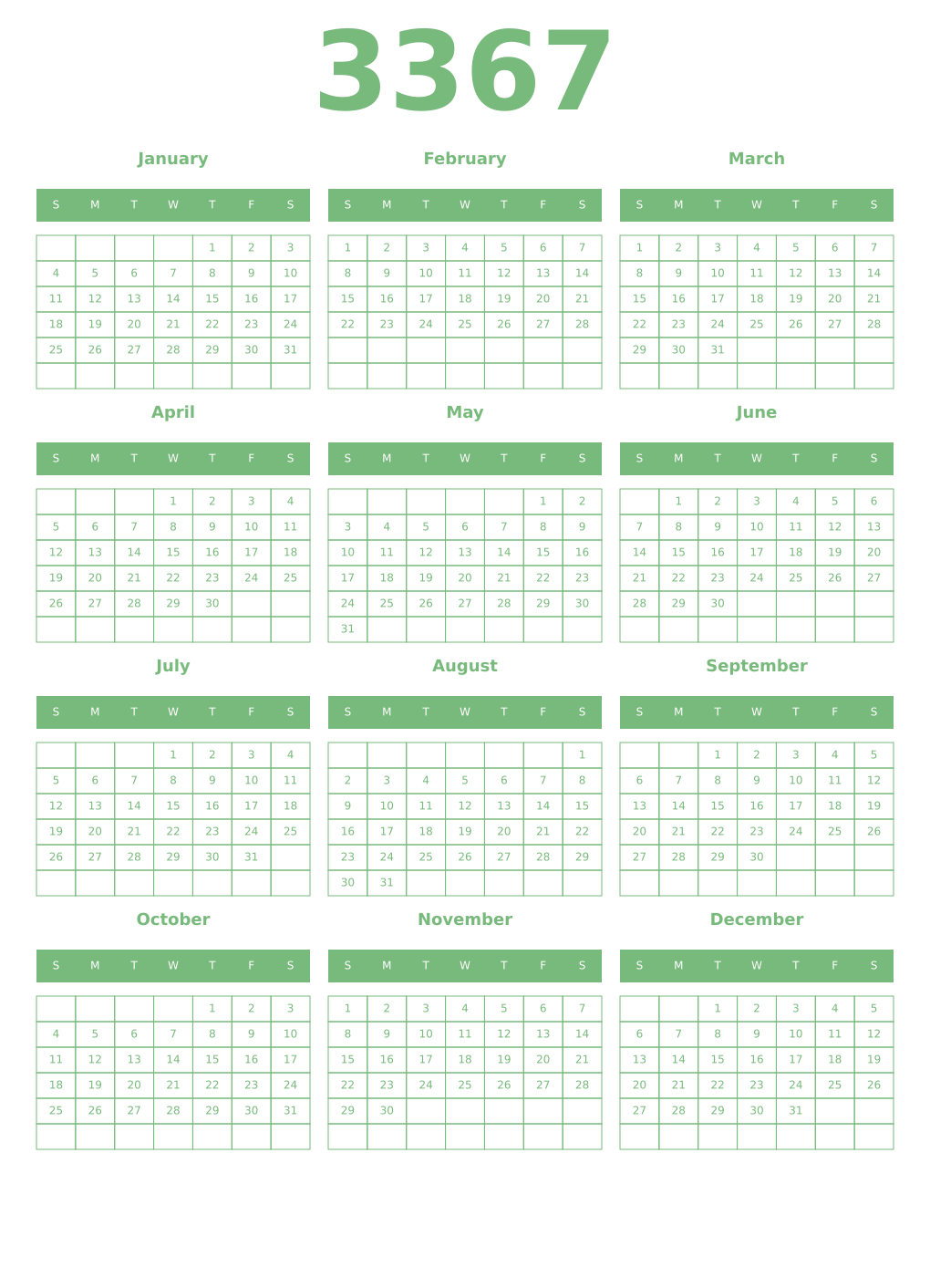 Printable 3367 Year Calendars celadon