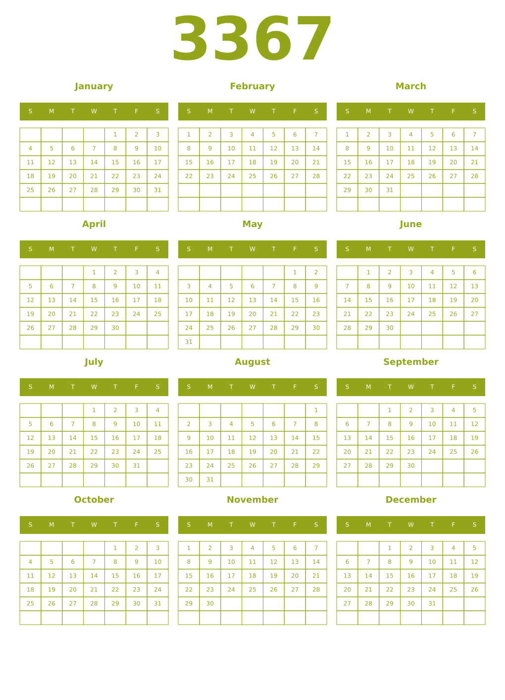 Printable 3367 Year Calendars chartreuse