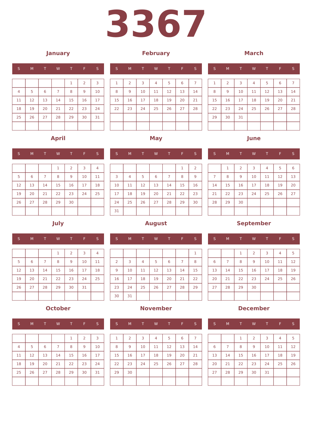 Printable 3367 Year Calendars cordovan