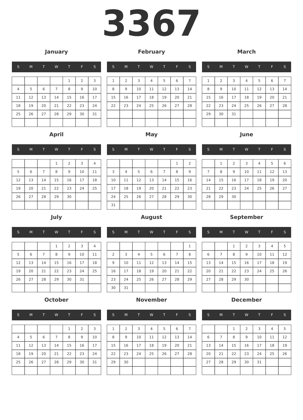 Printable 3367 Year Calendars dark