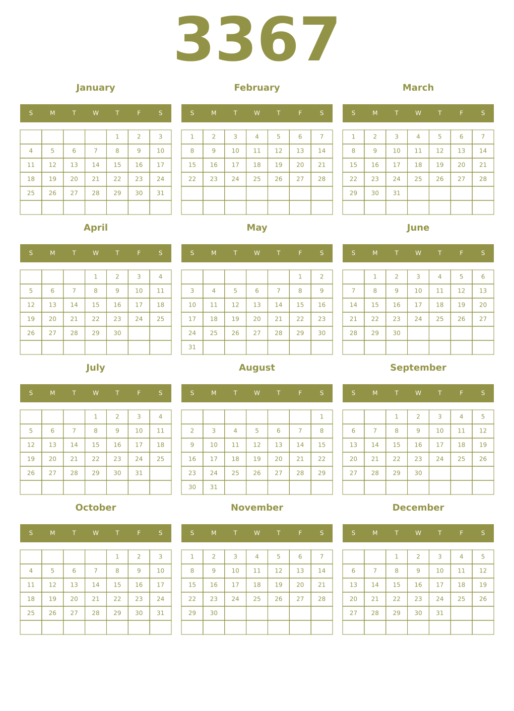 Printable 3367 Year Calendars eburnean