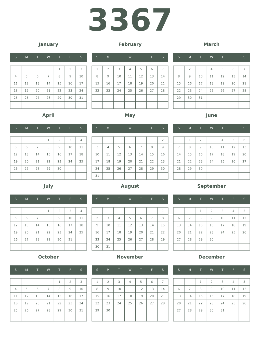 Printable 3367 Year Calendars feldgrau