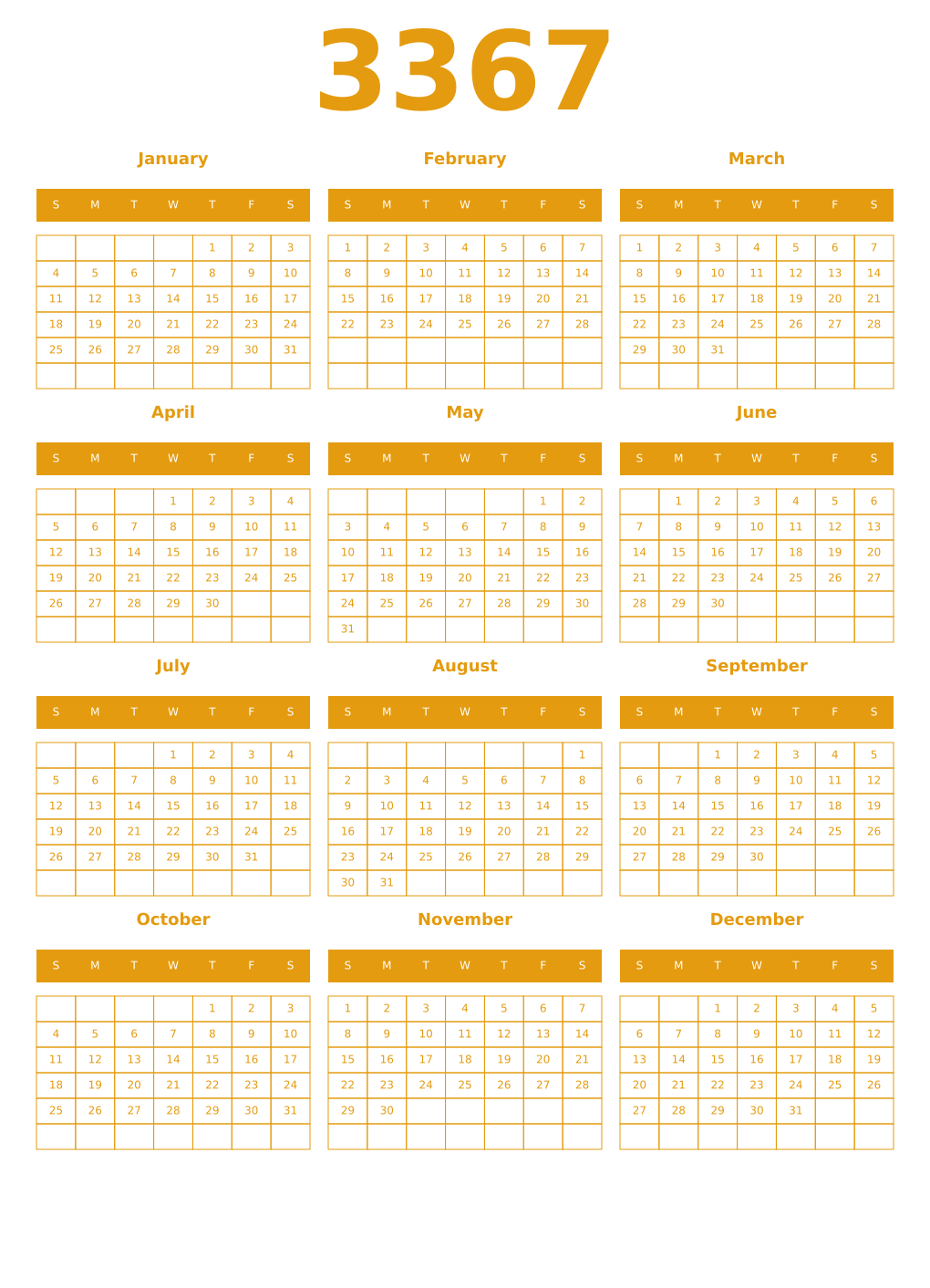 Printable 3367 Year Calendars gamboge