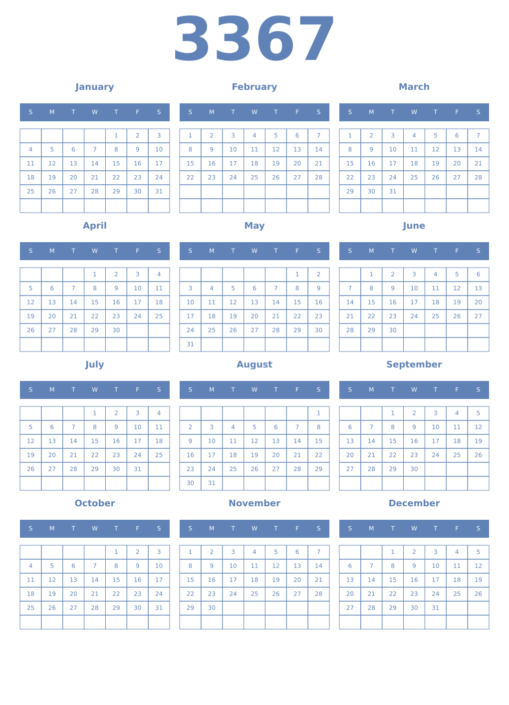 Printable 3367 Year Calendars glaucous