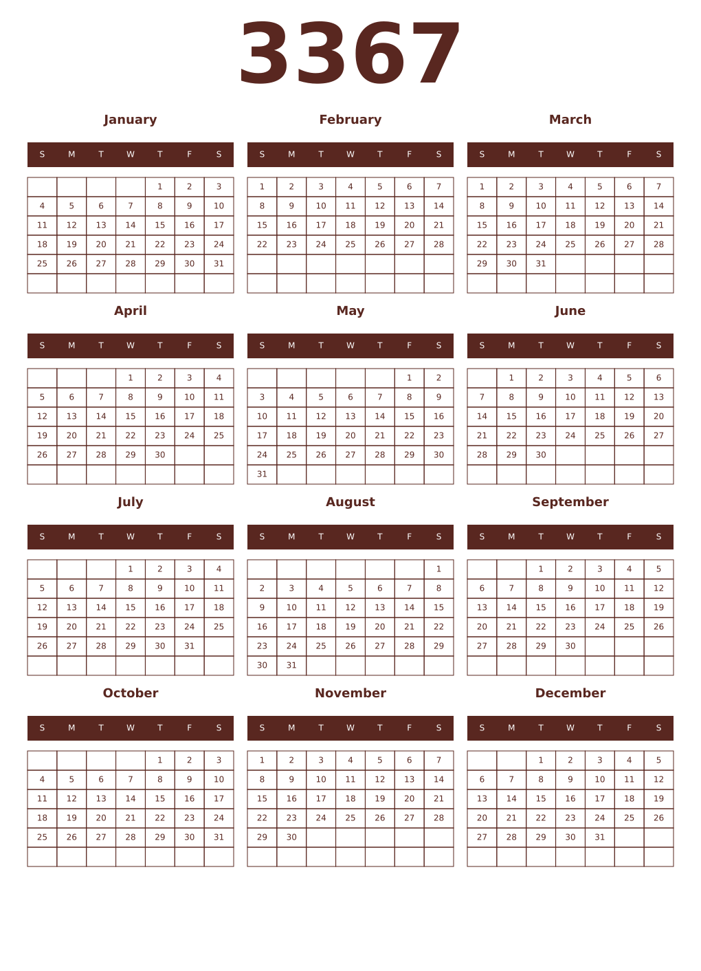 Printable 3367 Year Calendars mortuum