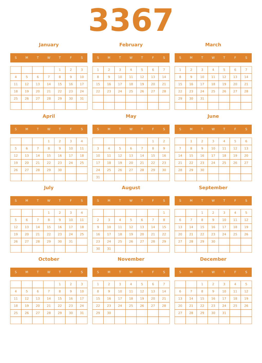 Printable 3367 Year Calendars orange