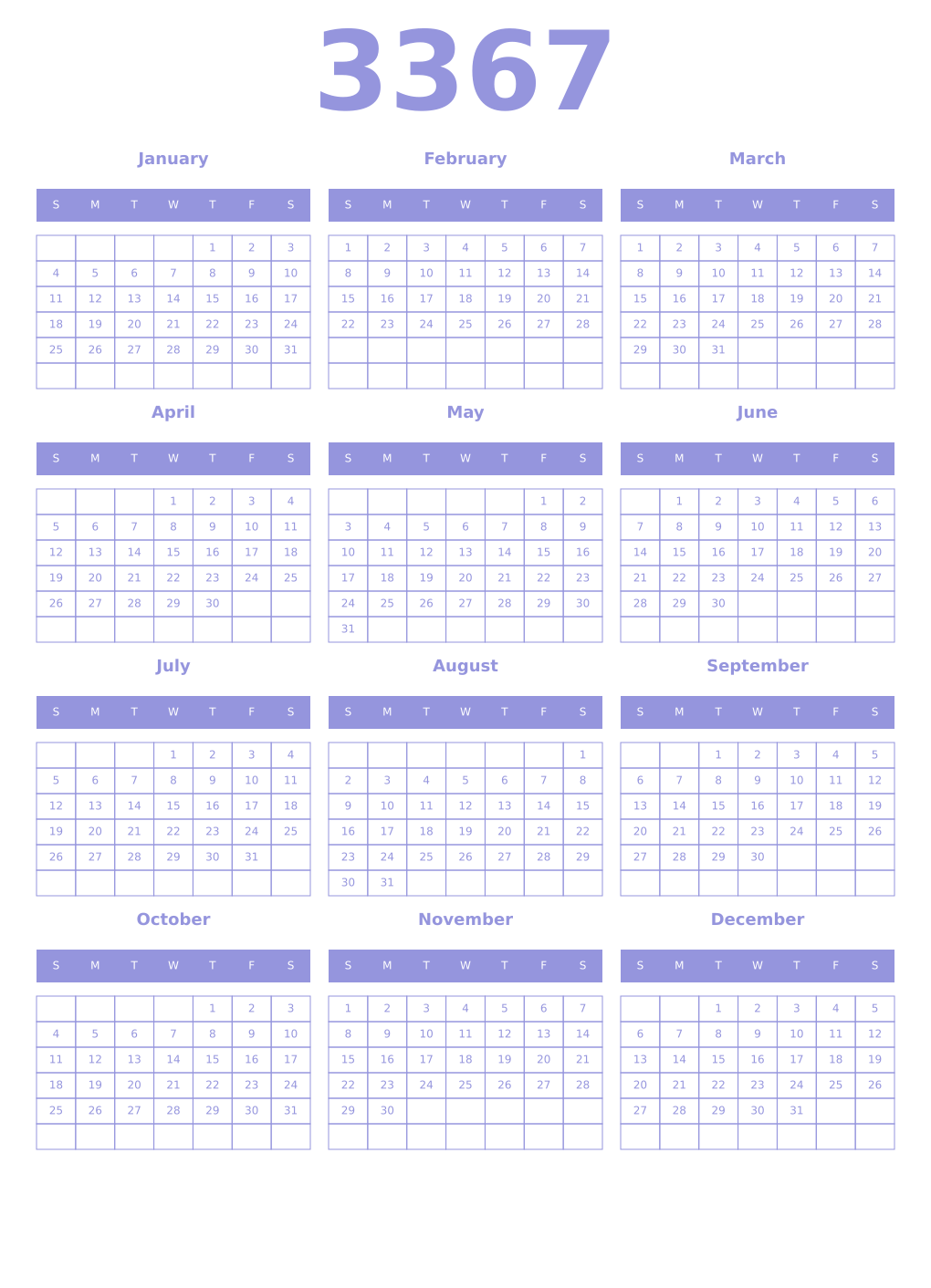 Printable 3367 Year Calendars periwinkle