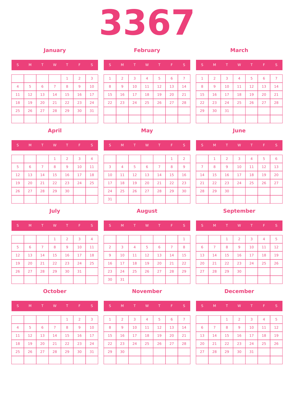 Printable 3367 Year Calendars pink
