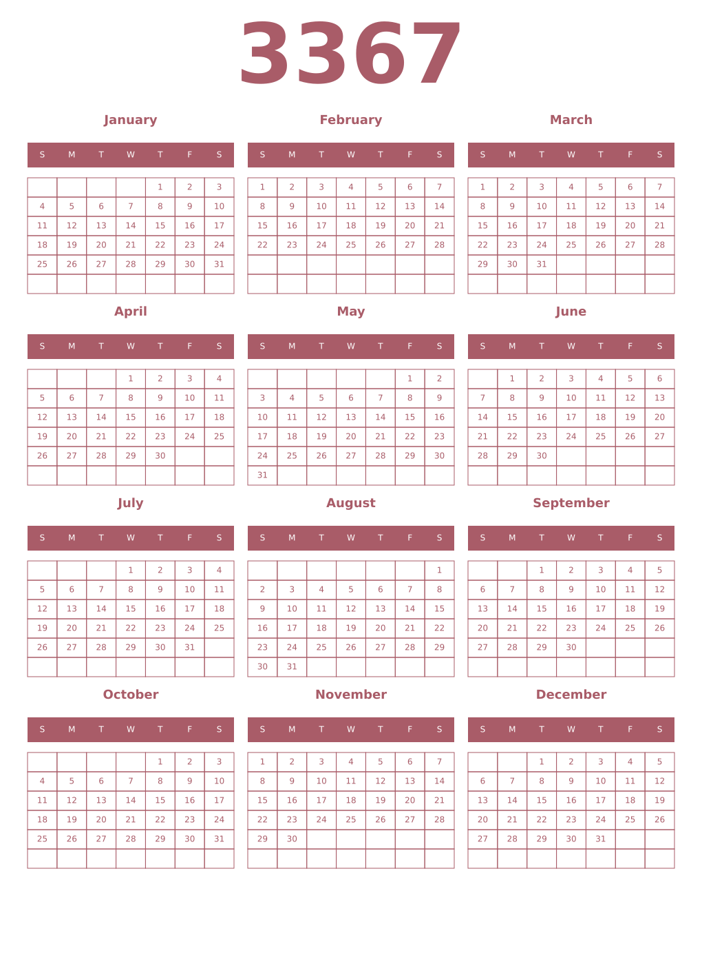 Printable 3367 Year Calendars puce