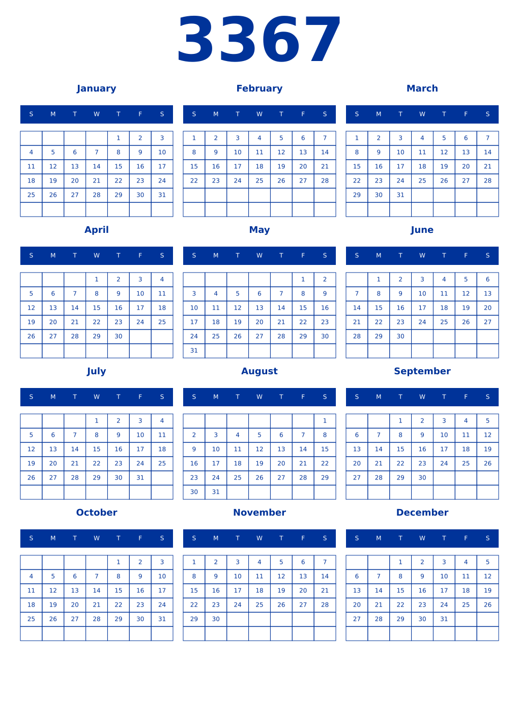 Printable 3367 Year Calendars smalt