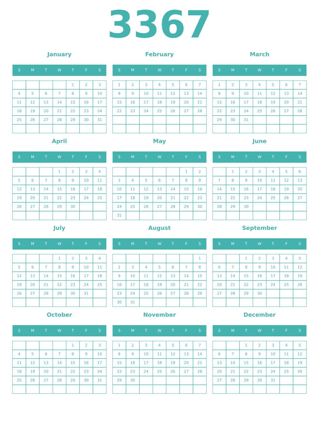Printable 3367 Year Calendars verdigris