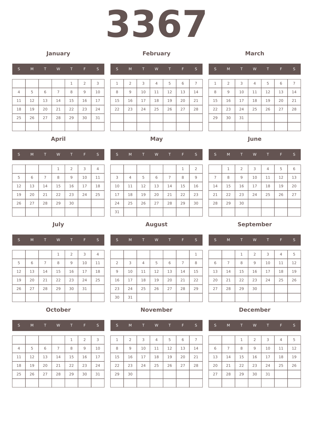 Printable 3367 Year Calendars wenge