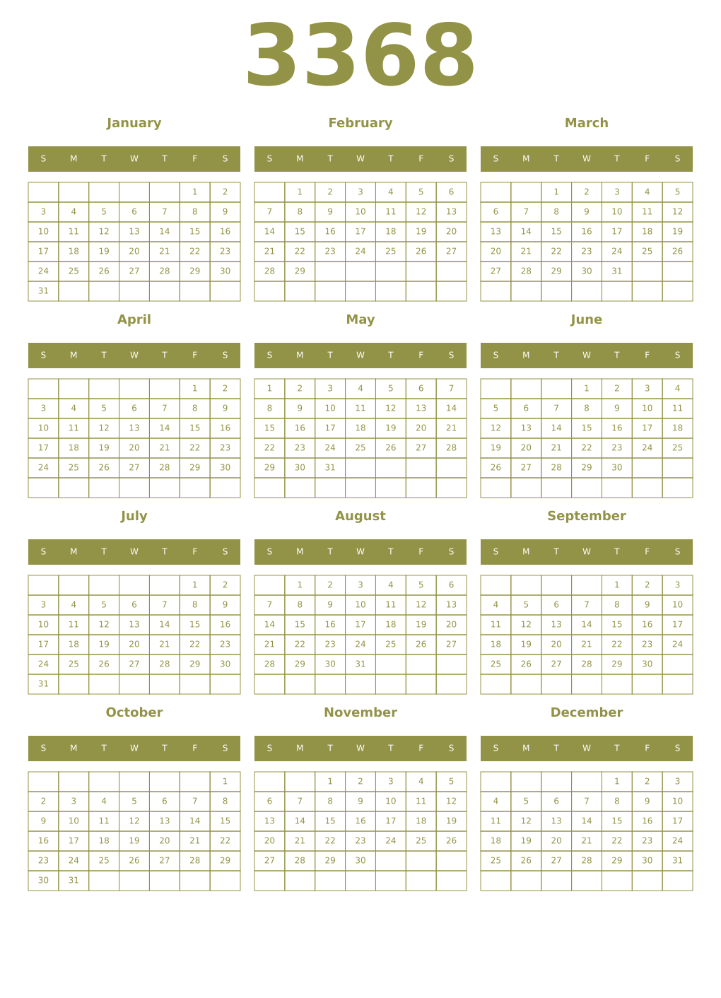 Printable 3368 Year Calendars eburnean