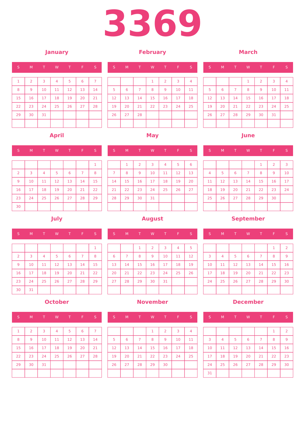 Printable 3369 Year Calendars pink