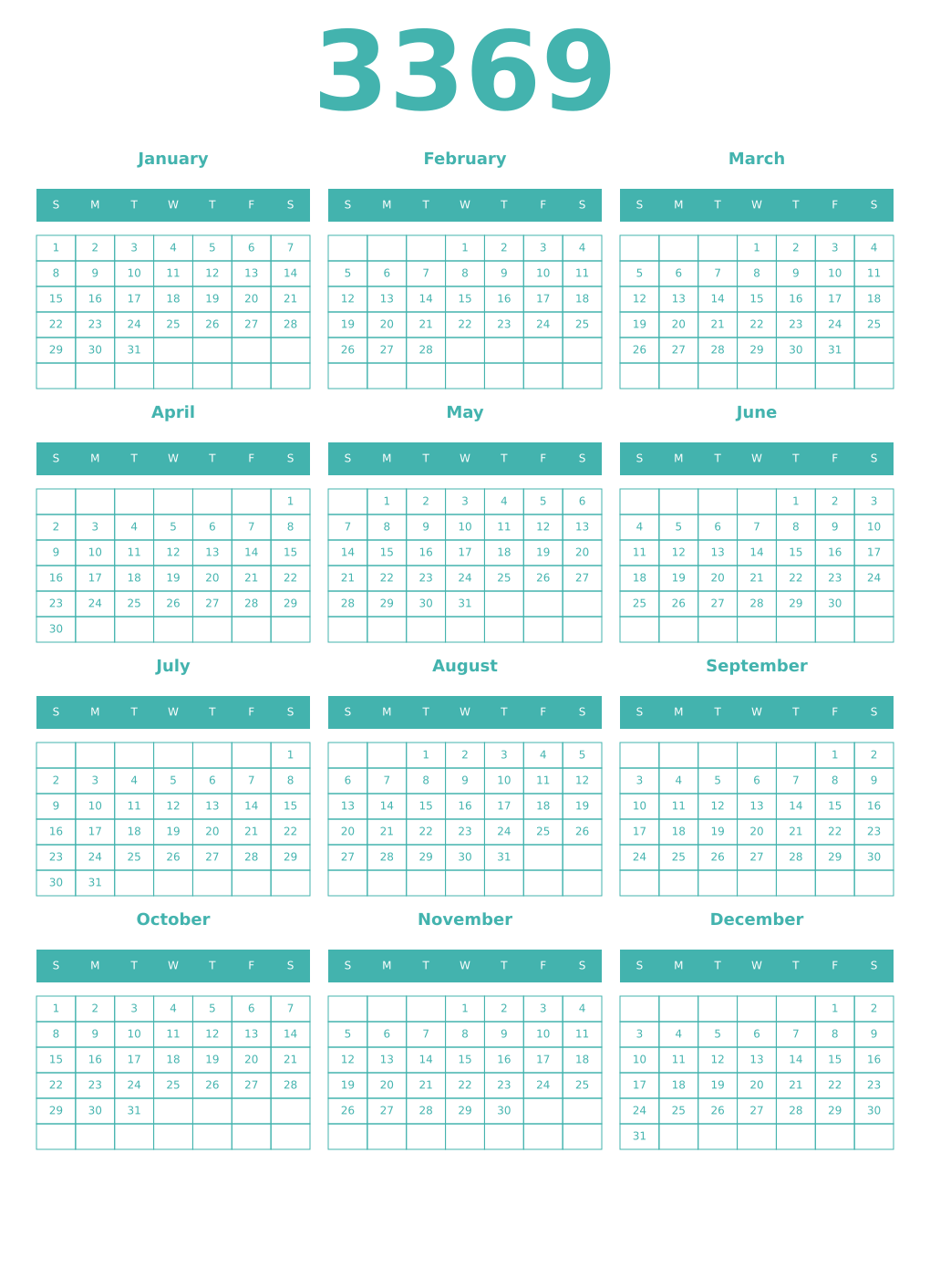 Printable 3369 Year Calendars verdigris
