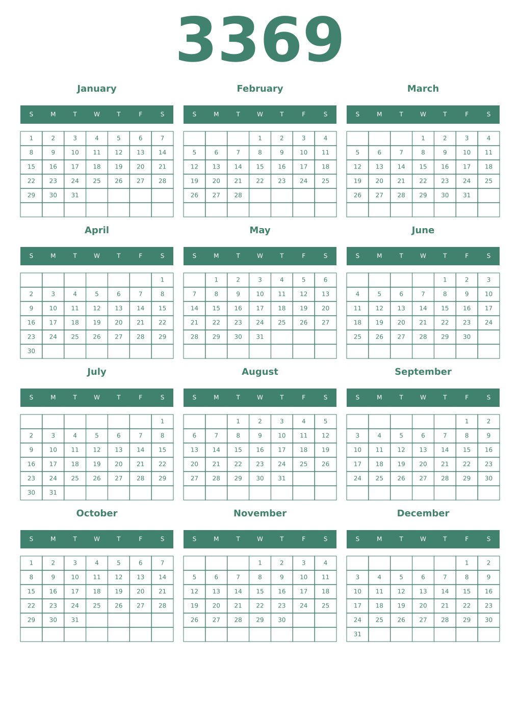 Printable 3369 Year Calendars viridian