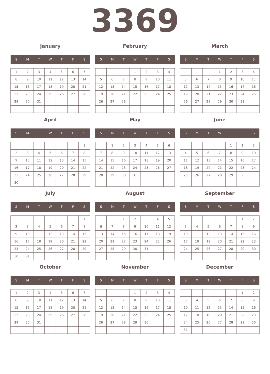 Printable 3369 Year Calendars wenge